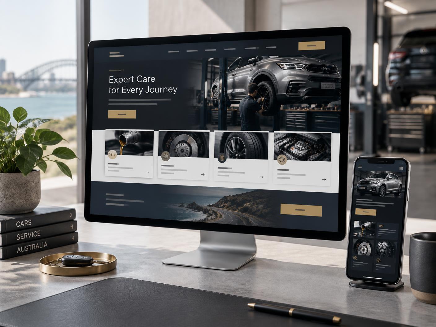Automotive service website design concept displayed on desktop and mobile devices