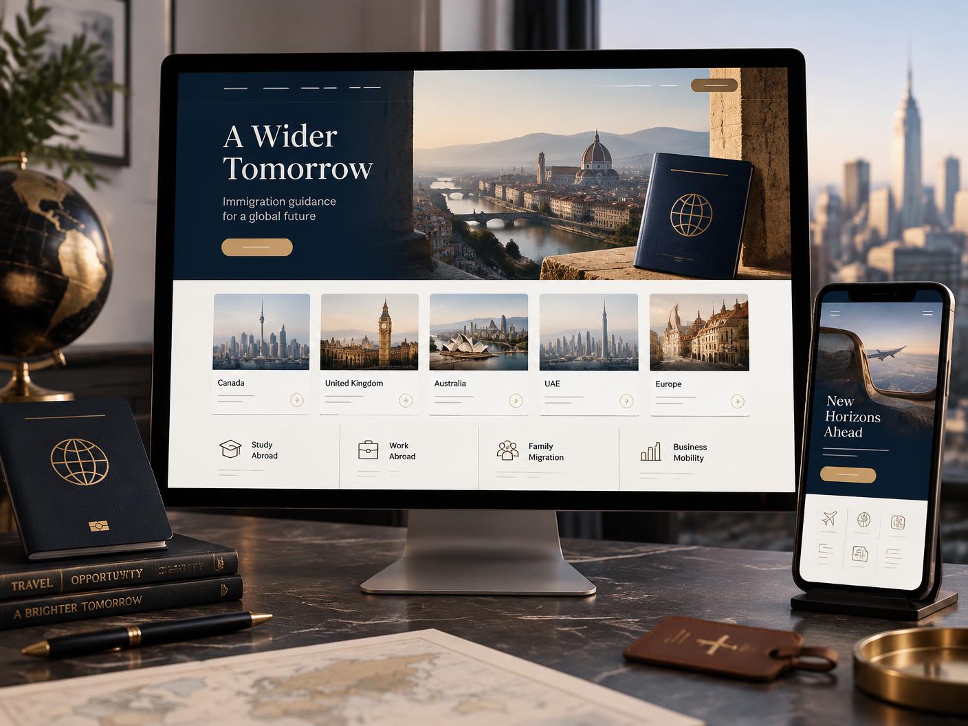 Immigration consultancy website concept with destination and service layouts